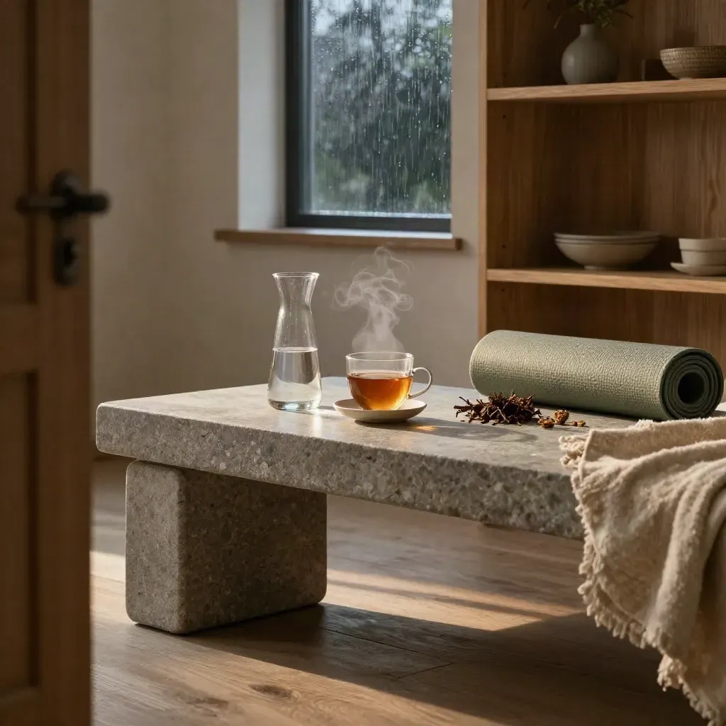 Ljus nordisk wellnessmiljö med te, vattenkaraff, linne och yogamatta i morgonljus.