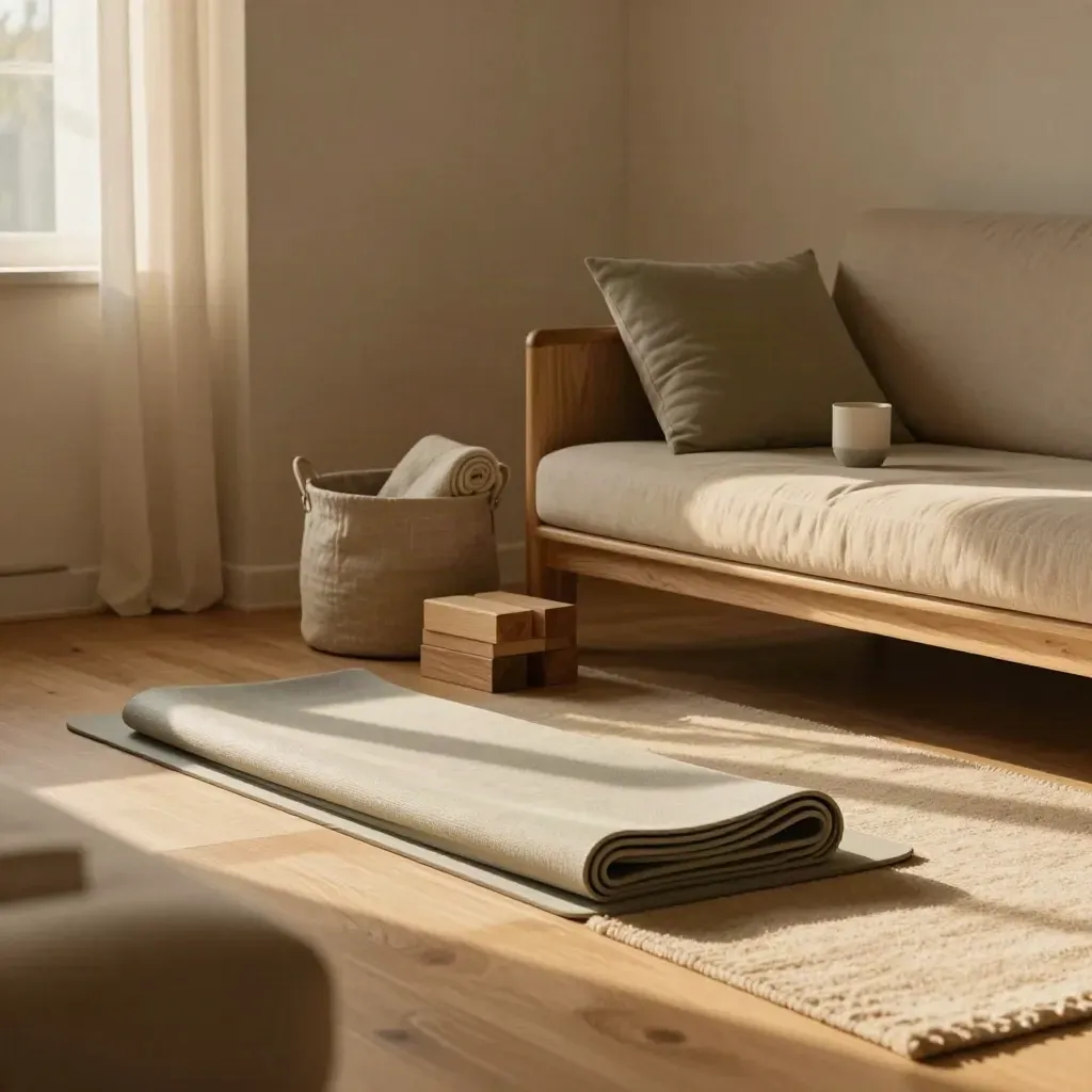 Ett lugnt vardagsrumshörn med yogamatta, träklossar och linnekorg i varmt kvällsljus.