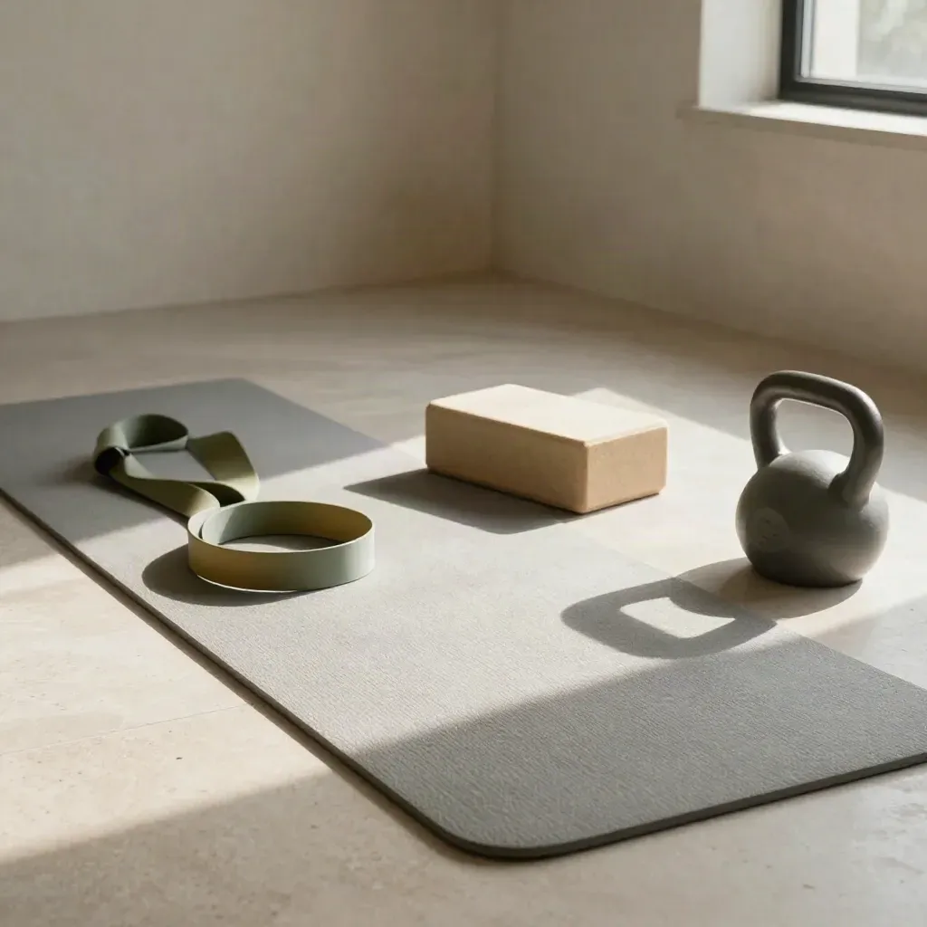 Ett ljust hemmaträningshörn med matta, band, block och kettlebell på stengolv.