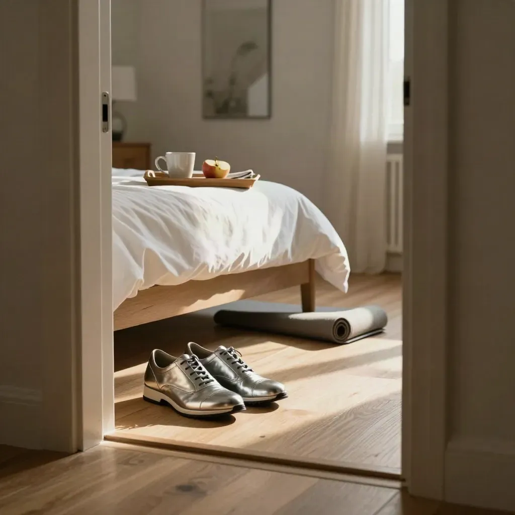 Vitbäddat sovrum och hall med frukostbricka, promenadskor och yogamatta i morgonljus