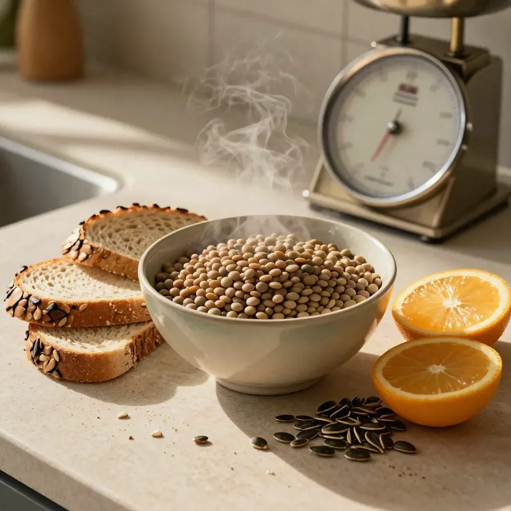 Top-down stillbild av baljväxter, fullkornsbröd, citrus och frön på ljus sten
