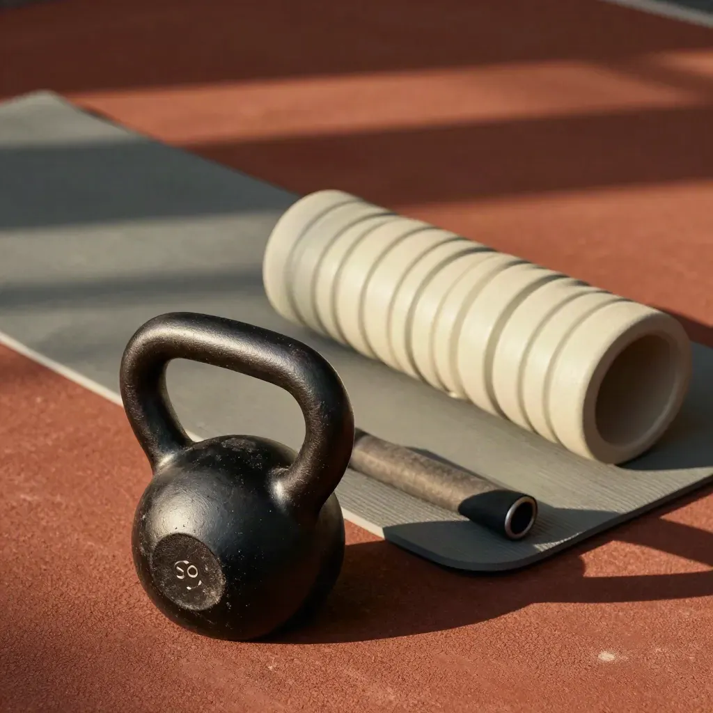 Kettlebell, motståndsband, hopvikt matta och skumrulle på gymgolv i hårt ljus.