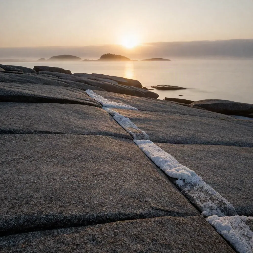Granitklippor och havsdimma över västkusten med lugn förgrund för text.